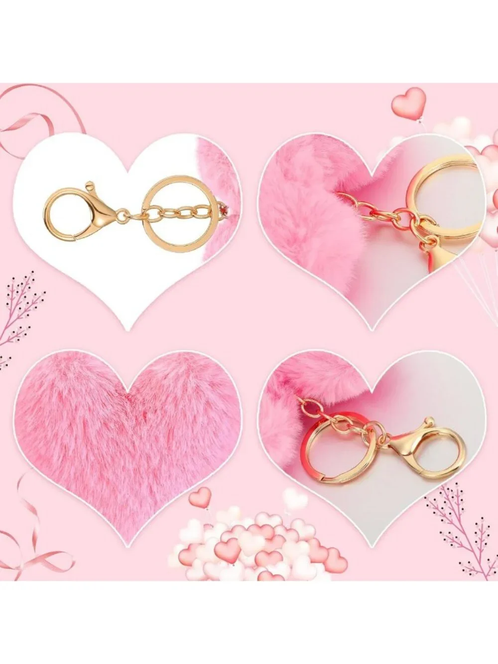 24 Pcs Valentine's Day Fluffy Heart Pom Pom Keychains - Cute Backpack